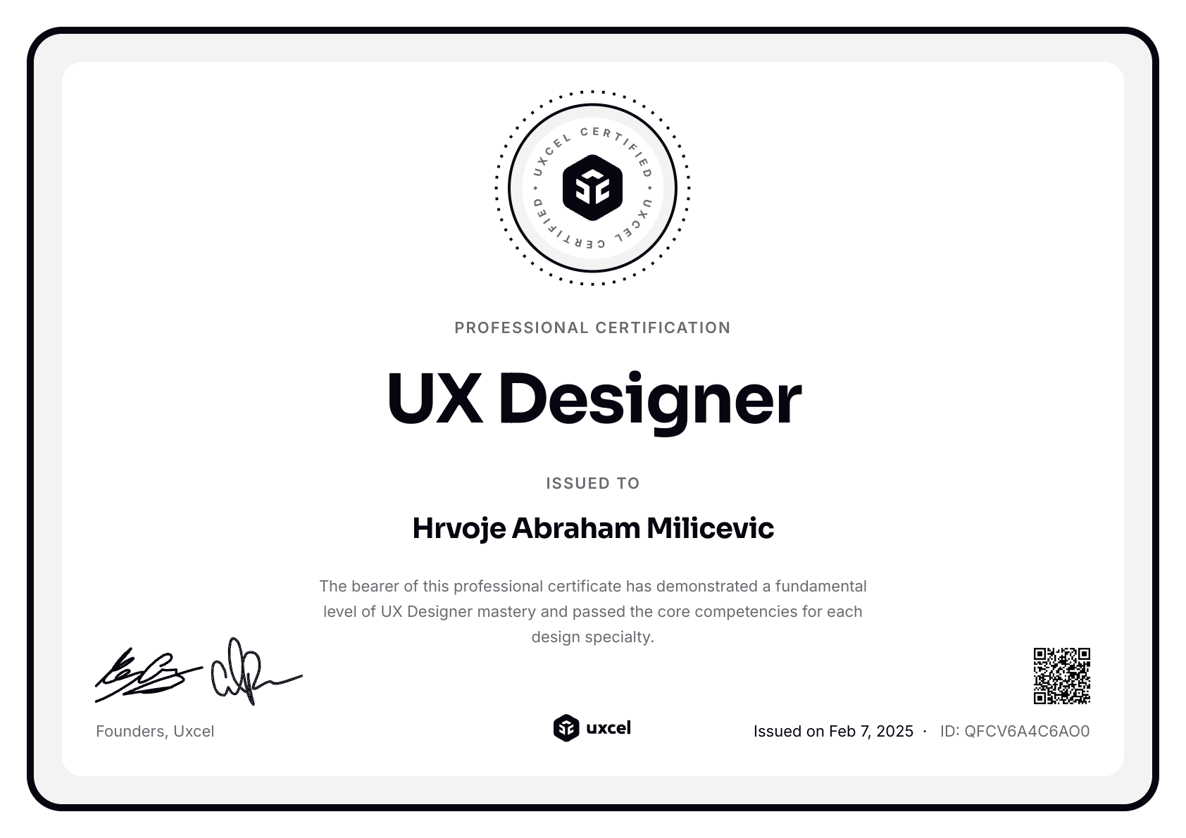 Hrvoje Abraham Milicevic's certificate